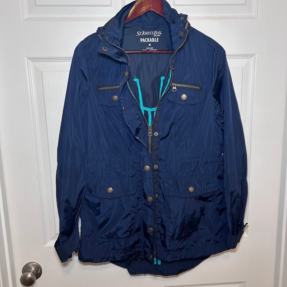 St. John's Bay Women's Jacket Medium Blue Packable Hood Outerwear Steampunk